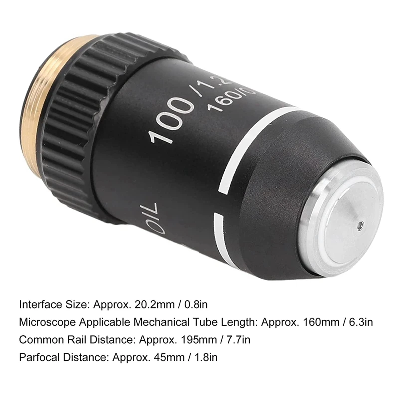 Biological Microscope Lens, 195 Achromatic Black Objective Lens 100X Oil High Power Objective Interface 20.2mm Thread-A73M