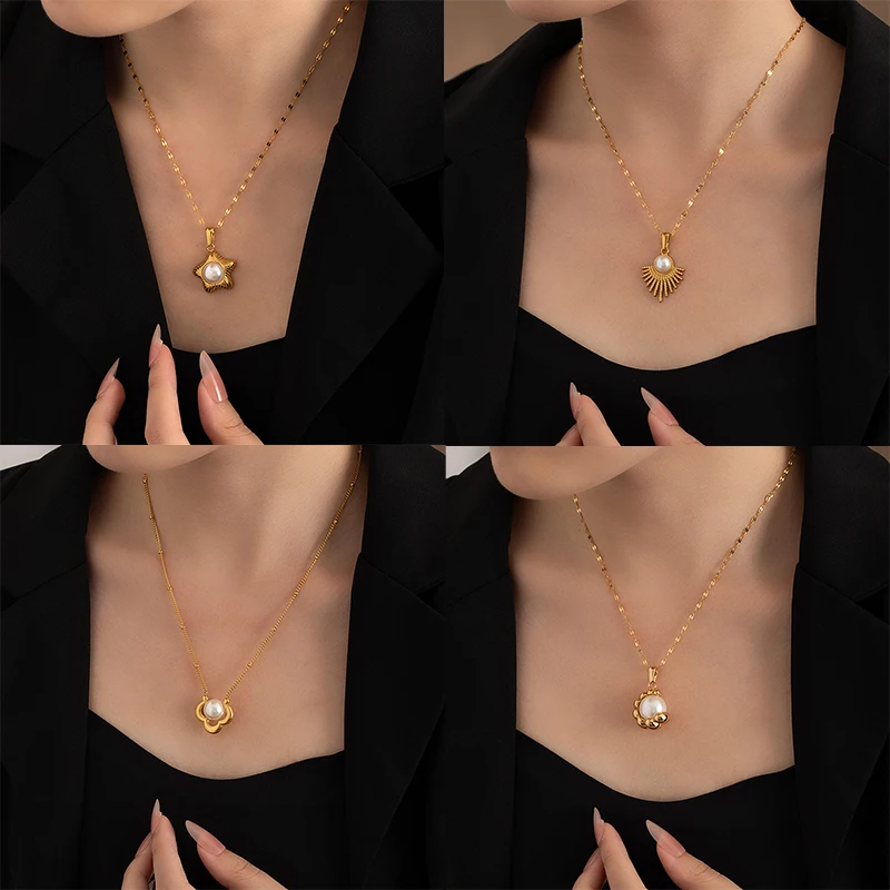 316 الفولاذ المقاوم للصدأ الذهبي ستار هندسية اللؤلؤ قلادة قلادة للنساء الاتجاه الجديد موضة سلسلة عنق مجوهرات هدية