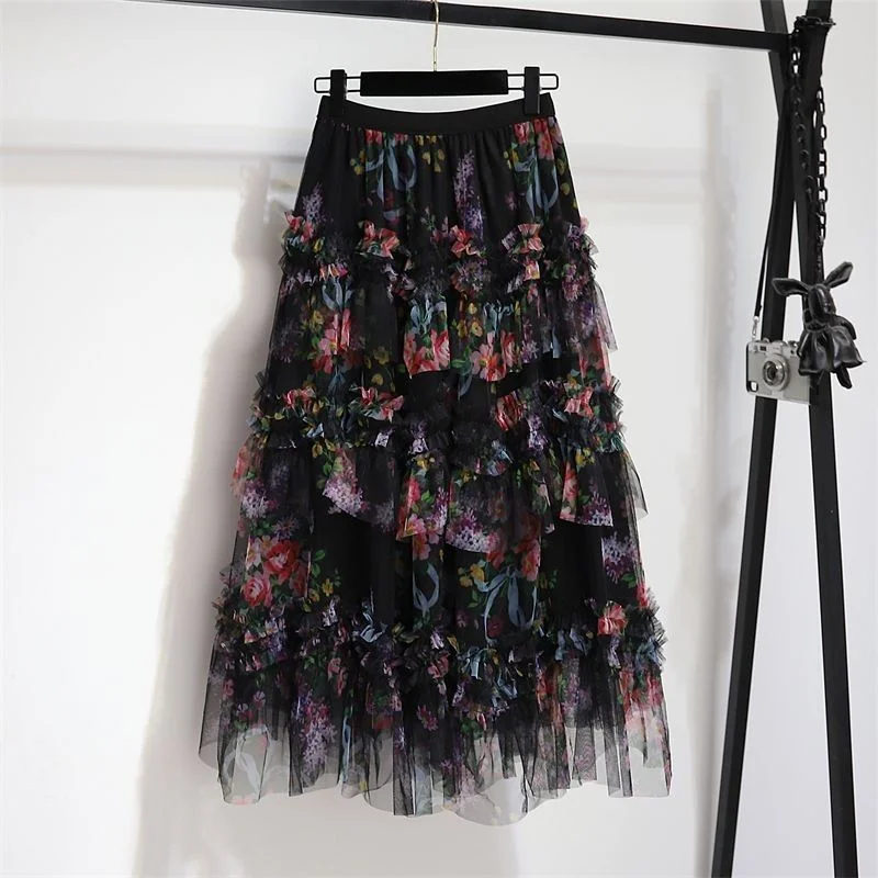 plus Size Spring Summer Floral Cake Skirt Asymmetrical Net Heavy Splicing Women's Casual High Waist Polyester Baking Skirt