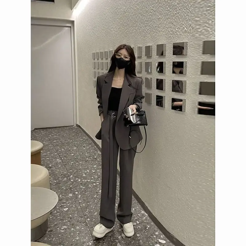 

Женский Повседневный костюм из двух предметов, короткий Блейзер и брюки с широкими штанинами в стиле ретро, однотонный свободный облегающий пиджак и брюки на шнуровке