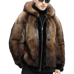 Denny&Dora Natural Mink Fur Coat Fashion Hooded Fur Jacket Mens Winter Coat Leather Jacket