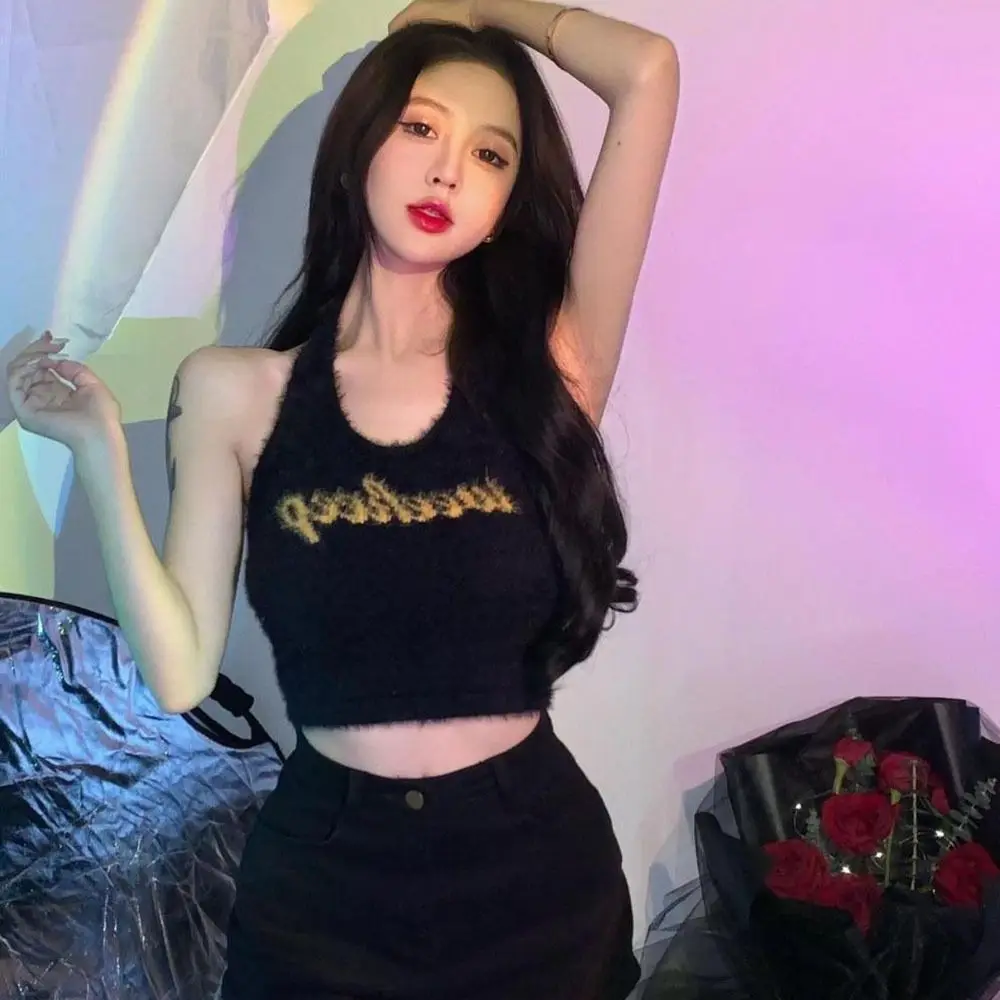 

Sleeveless Halter Neck Crop Top Letter Print Slim Solid Color Vest High Elasticity Breathable Halter Neck Pullover Sweater