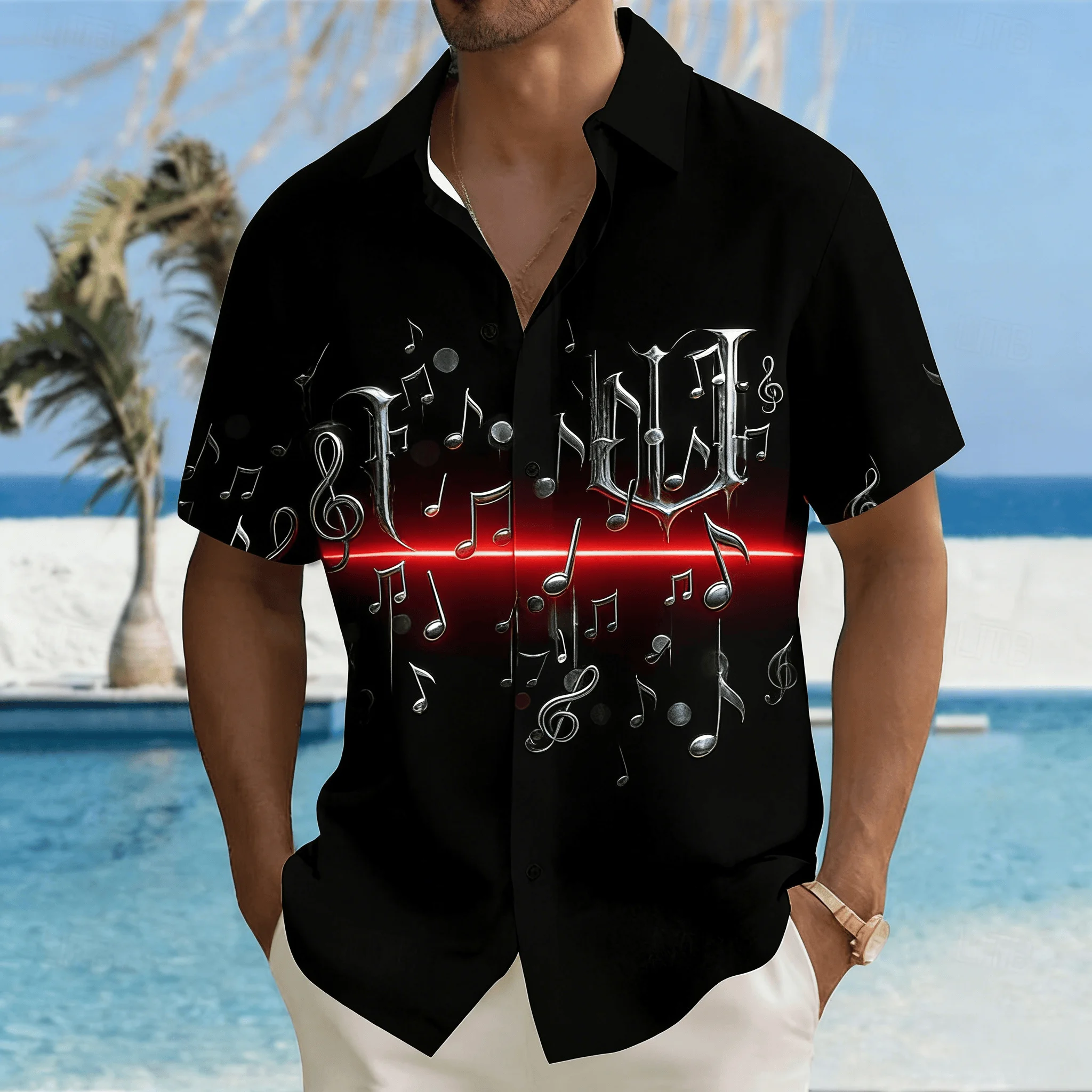 Men's Music Note & Treble Clef Print Short Sleeve Shirt, Gradient Design Button Down for Spring Summer Casual
