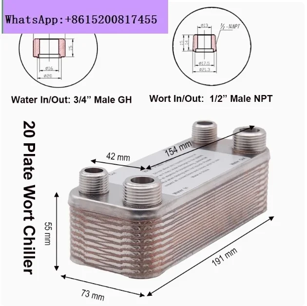 20-platen warmtewisselaar Wort Chiller, roestvrij staal en gesoldeerd met koperen tegenstroom Chiller Home Brew Beer Cooling Tools