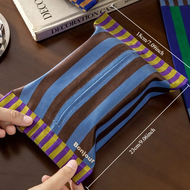 Retro Striped Napkin Holder Soft Short Plush Tissue Box Living Room Dining Table Decoration Tissue Case Kitchen Storage Bag Gift