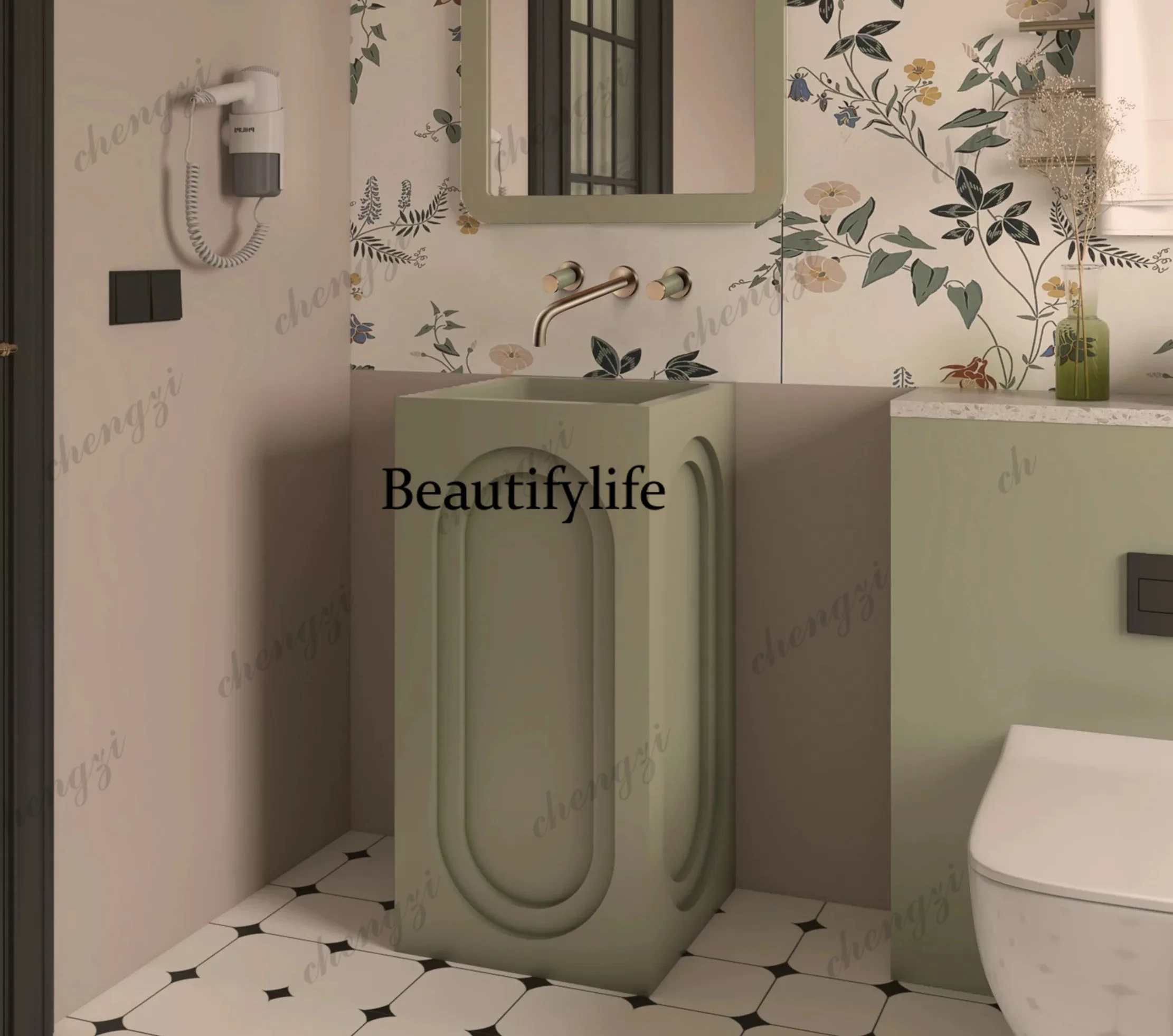French washbasin floor-to-ceiling integrated stone washbasin retro green arch, washbasin