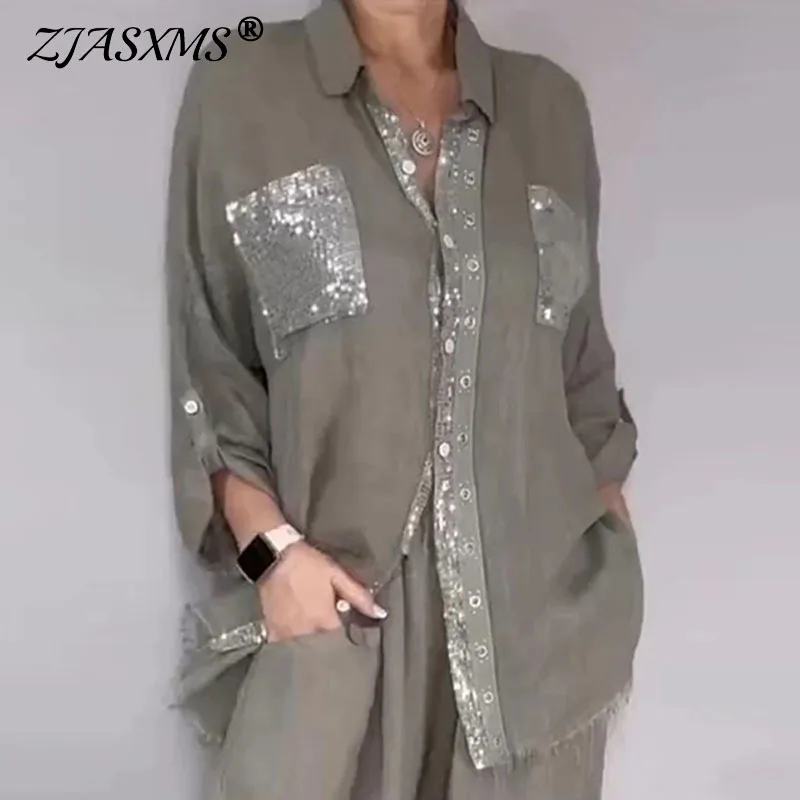 Loose Two‑Piece Pant Set Women Turn‑Down Collar Sequin Pockets Shirt & High Waist Wide Leg Pants Outfit Casual Daily Street Suit