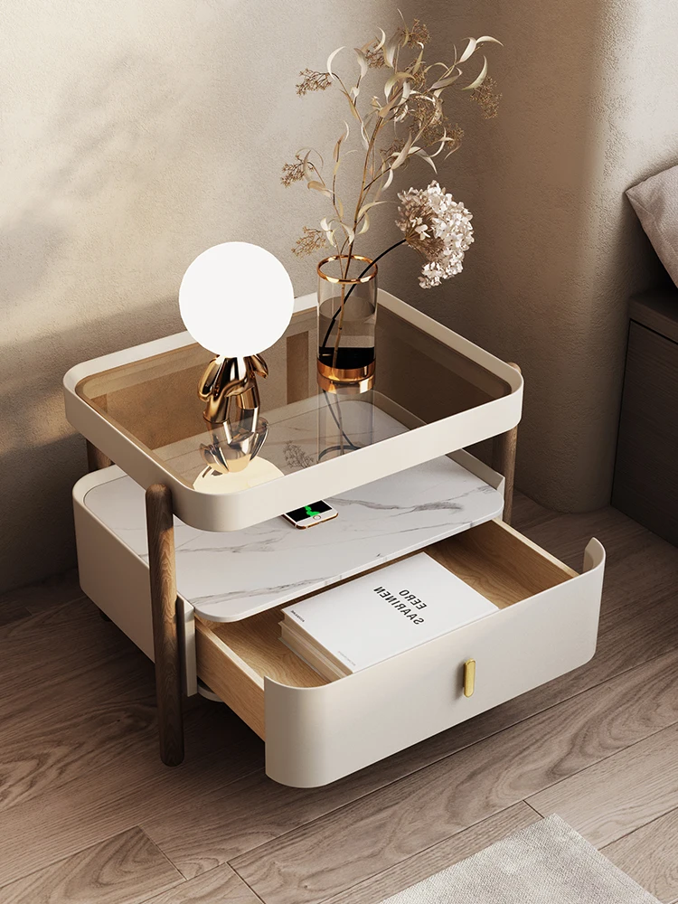 

bedside table, luxury smart glass, high-end leather, cream wind, silent wind bedside table