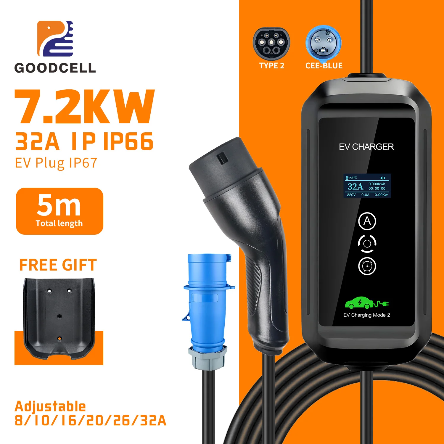

GOODCELL Type2 32A 7.2KW EV Car Charger EVSE Wallbox Power Blue Plug 5m Charging Box Plug 1Phase EV Portable Charger