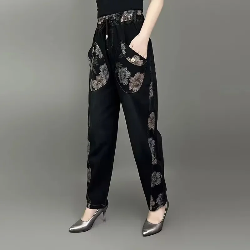 حجم كبير 3XL الدهون الصوف الجينز للنساء بنطلون مستقيم واسعة الساق فضفاضة تناسب ضيق مرونة الخصر التخسيس للنساء الدنيم السراويل