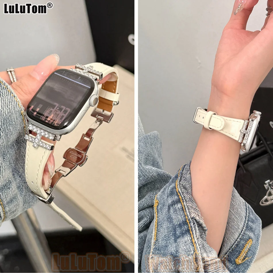 

Luxury Diamond Strap For Apple Watch Band Ultra 38 40 41 42 44 45 46 49mm Band IWatch Series 11 10 9 8 7 6 SE 5 Leather Bracelet