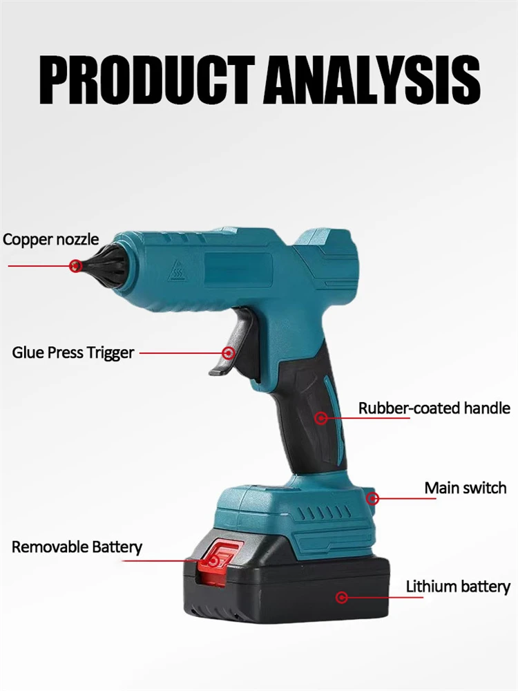 Lem tembak portabel 40W 250 °C, lem tembak tanpa kabel dapat diisi ulang dengan 10 buah 11mm stik lem alat perbaikan DIY untuk baterai Makita 18V