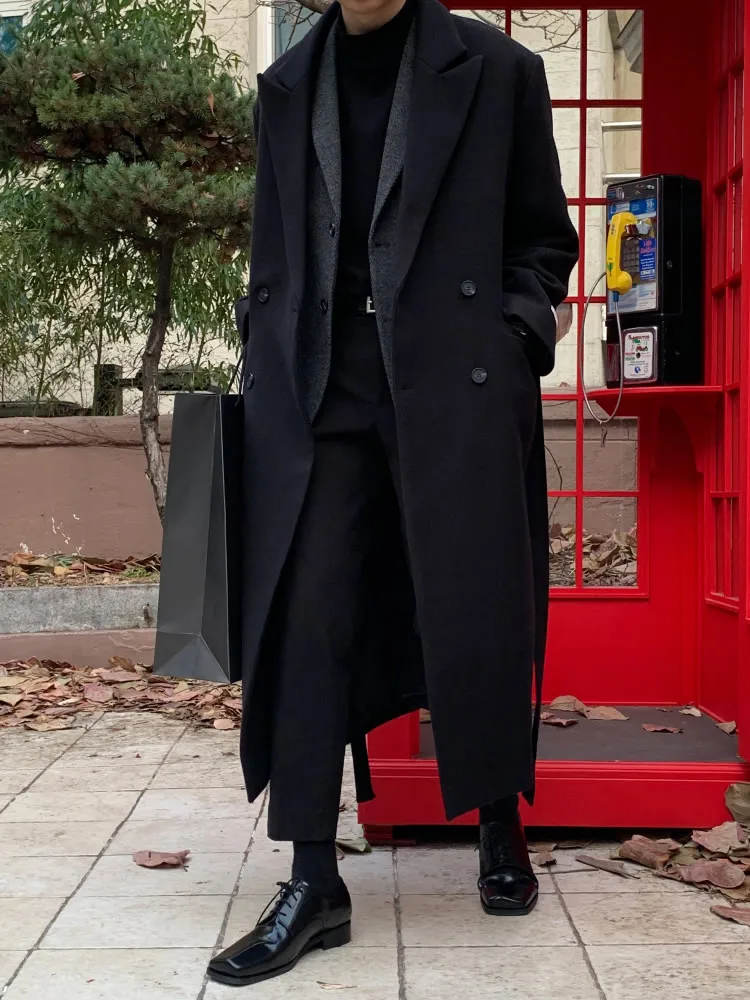 

Men's Winter Thiened Woolen Coat Long Over-Knee Loose Korean Sle High-End Feeling Men's Windbreaker Outerwear