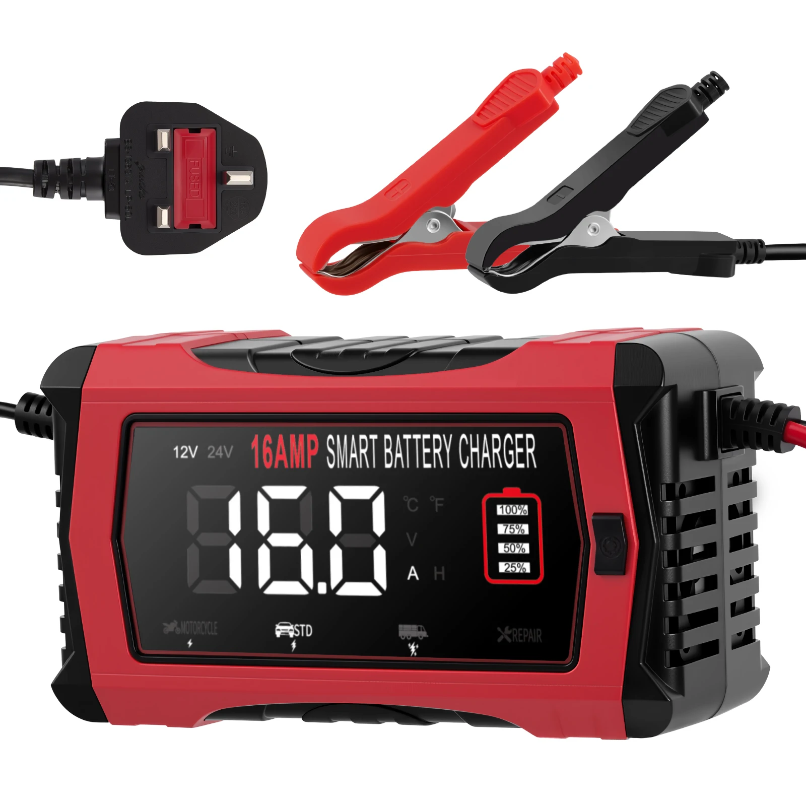 

16A Smart 10-Stage Trickle Charger Smart Battery Charger 12-24V High Power Charger For Lithium Iron Phosphate Battery Pack