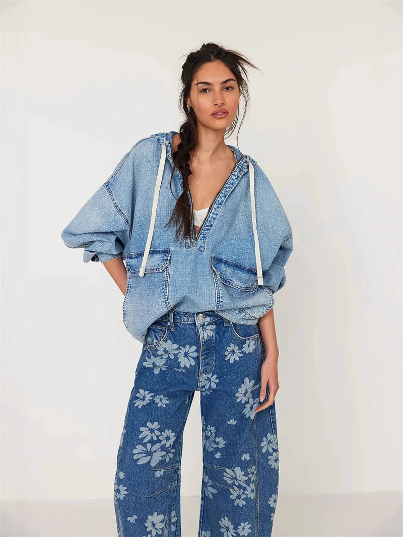 Fashion Casual Washed Denim Drawstring Hoodies Women Loose Vintage Hooded Pullover Tops 2025 Autumn Female Sweatshirt Streetwear