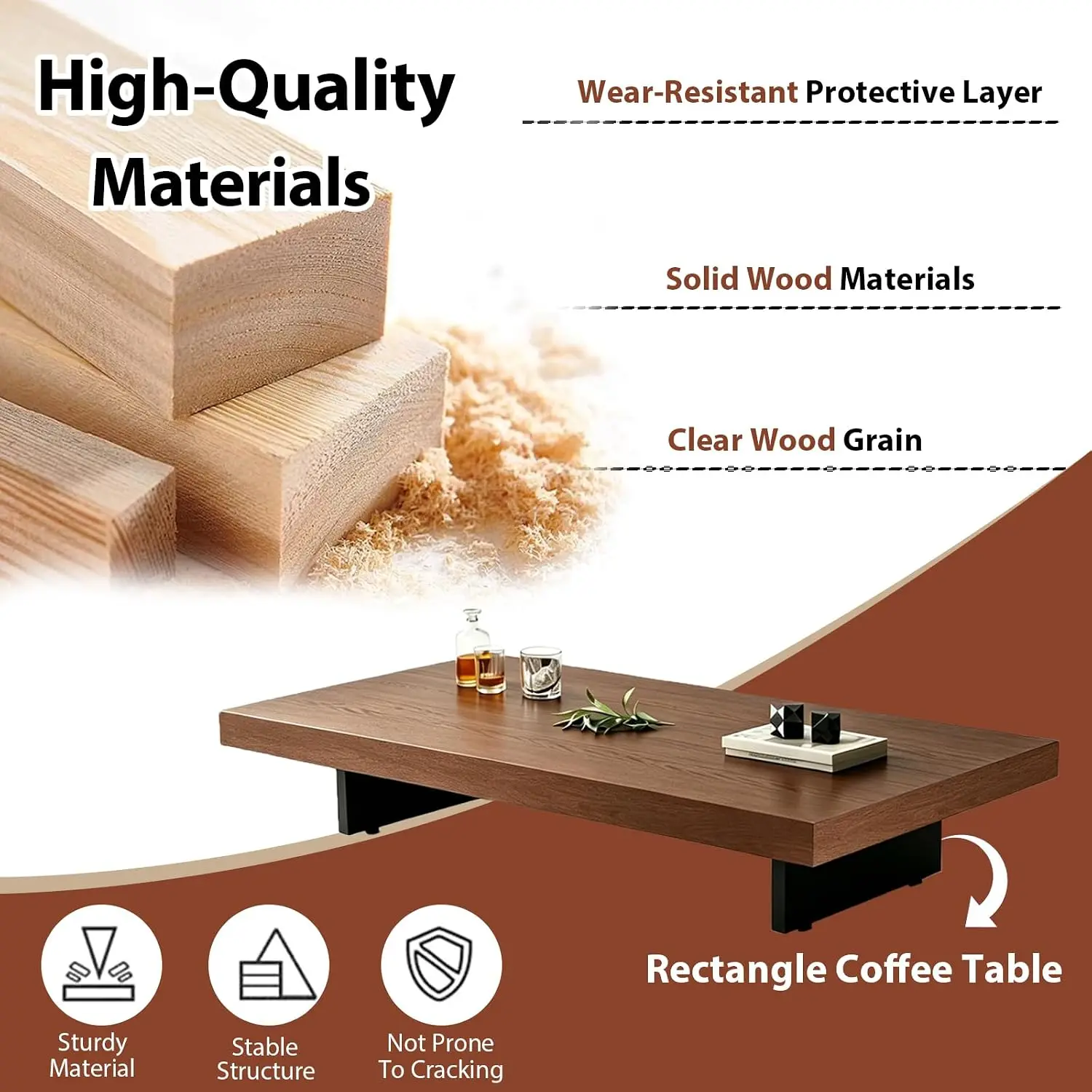 Coffee Table, Solid Wood Farmhouse Coffee Tables with Adjustable Foot Pads, Modern Large Square Center Tables for Living Room Wa