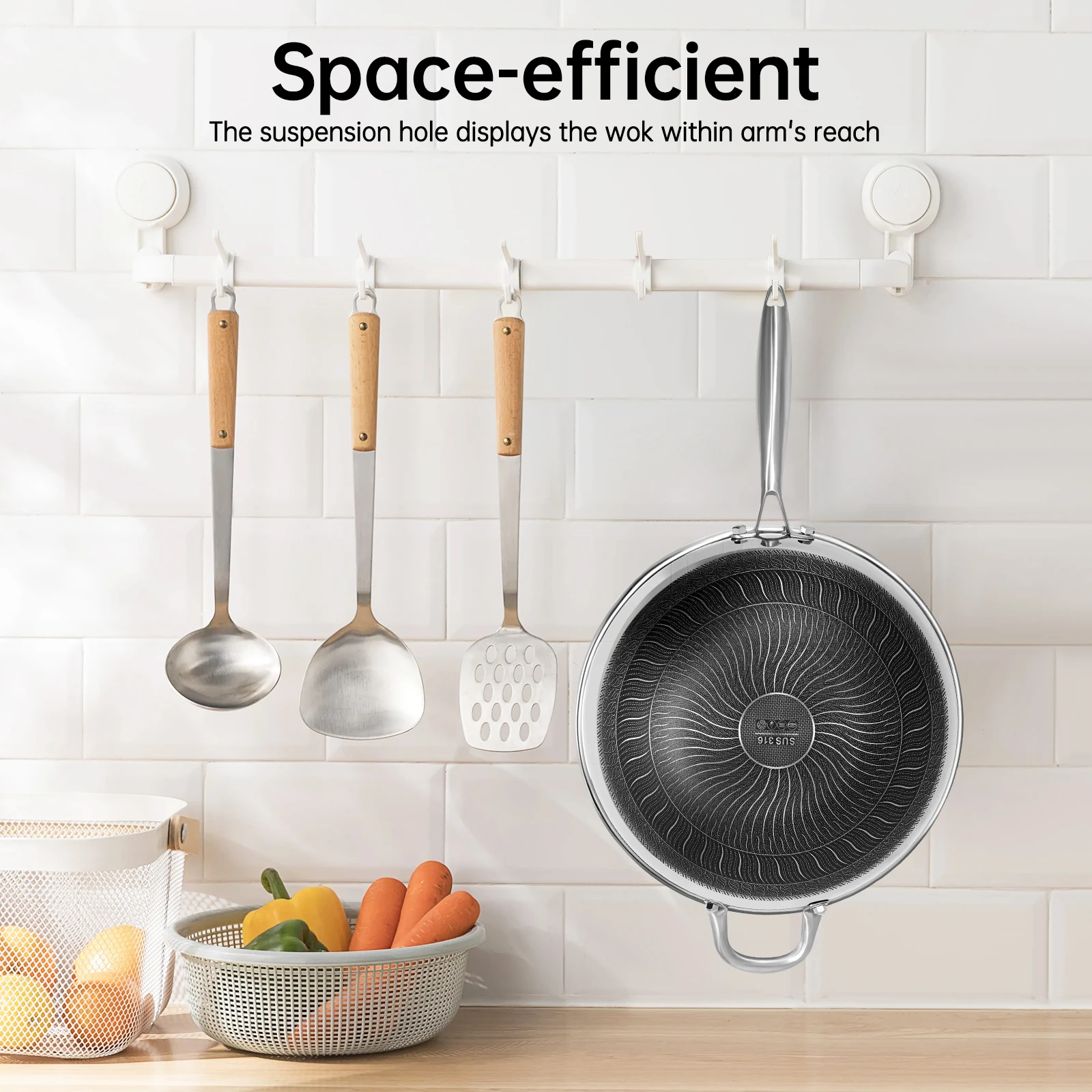 

316 Stainless Steel Wok 34cm Frying Pan Nonstick Pan Fried Steak Pot General Purpose Induction Cooker Honeycomb Wok