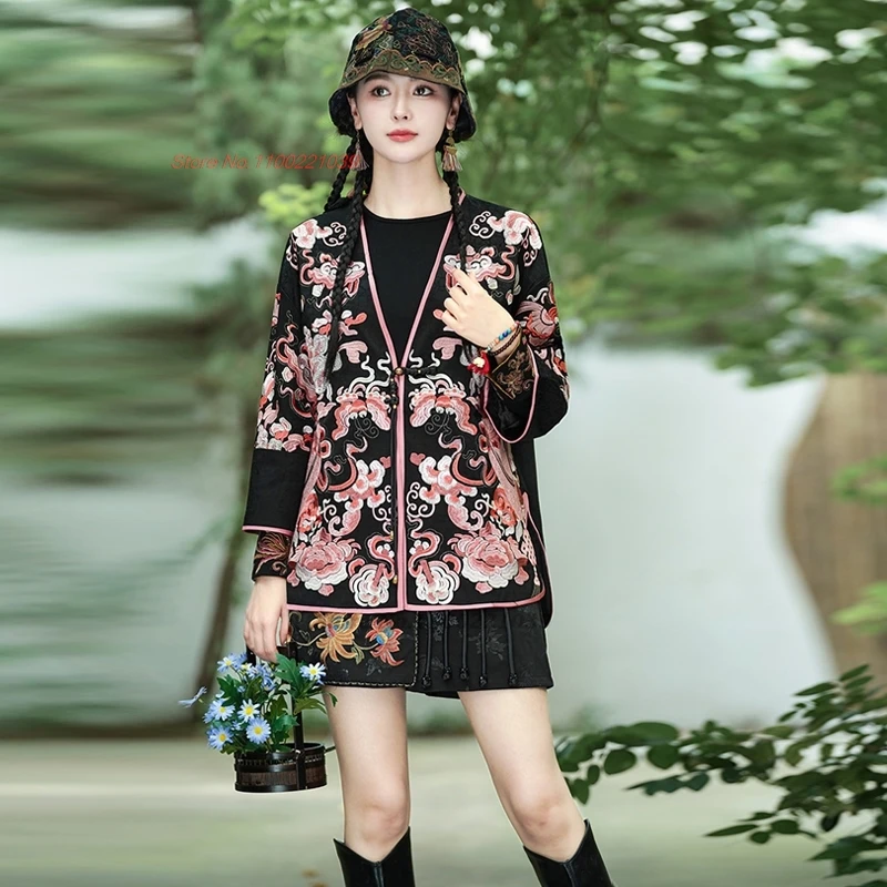 2024 traditional chinese vintage coat national flower embroidery hanfu tops retro v-neck jacket ethnic folk cardigan streetwear