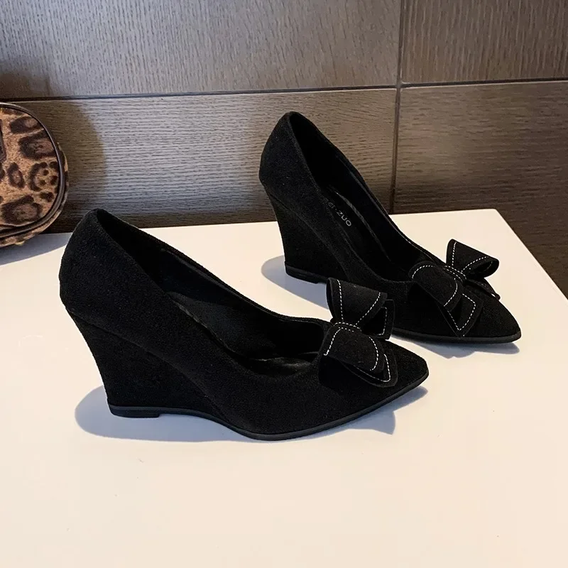 Women Fashion Bow Tie Flock Wedge Shoes Zapatos De Mujer Lady Platform Casual Black Office Party Shoes Sapatos Femininas