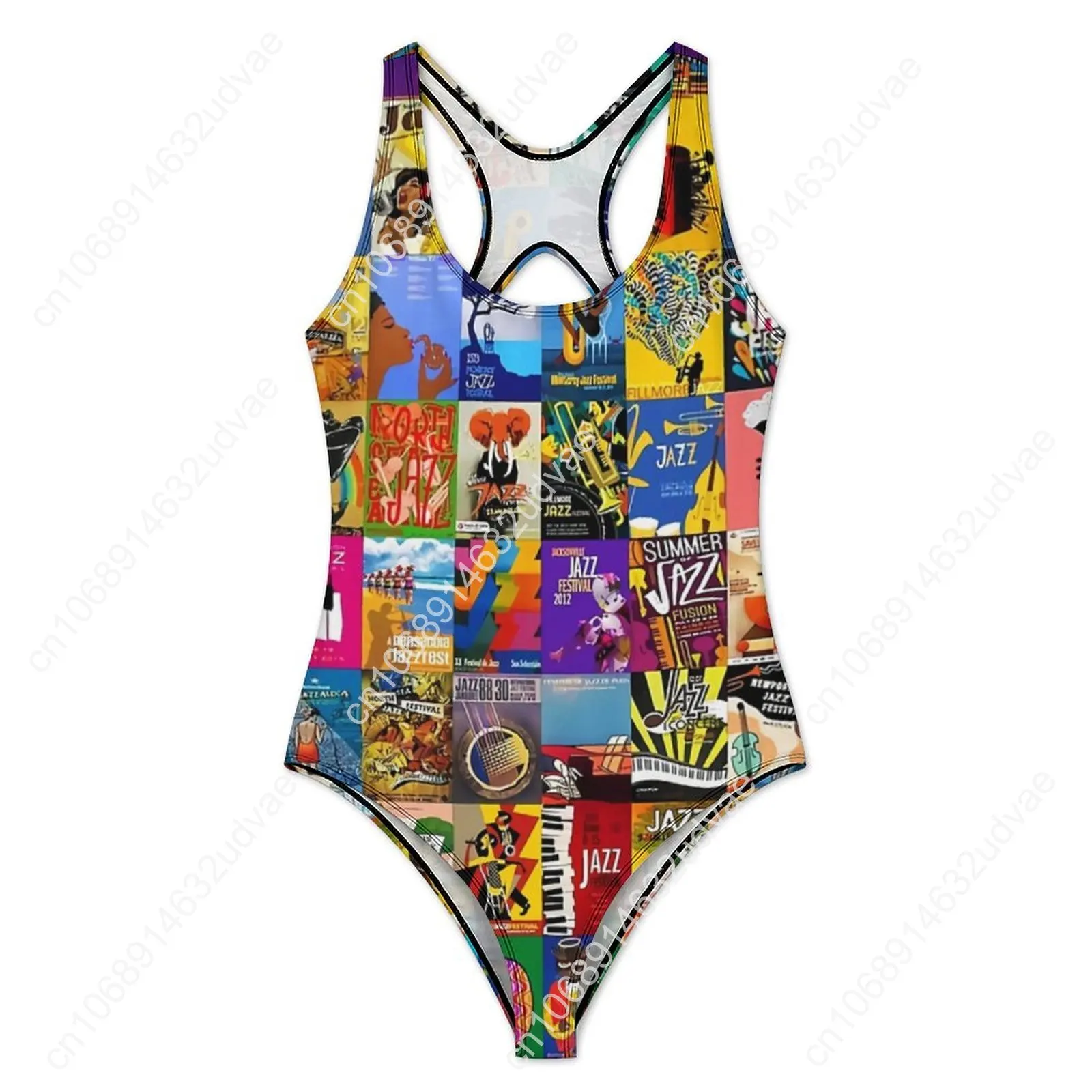 คอลลาจเทศกาลแจ๊สชุดว่ายน้ําวงดนตรีพิมพ์ชุดว่ายน้ํา One Piece Push Up Trend ชุดว่ายน้ําเซ็กซี่ Surf Graphic Beach Wear