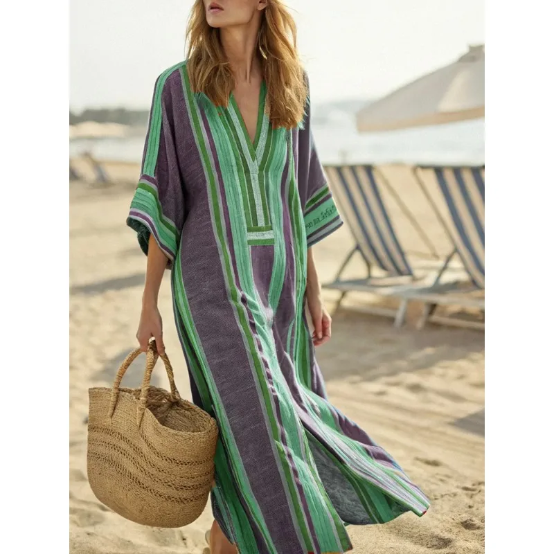 New Women's Casual Long-sleeved V-neck Digital Printed Women's Loose Color Blocking Dress