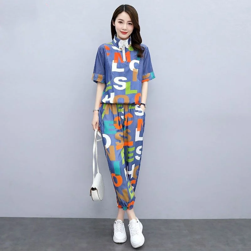 Women\'s Casual Sports Suit 2022 Spring Summer New Clothes Mercerized Denim Loose Printing Short Sleeves Tops Pants Two Piece Set