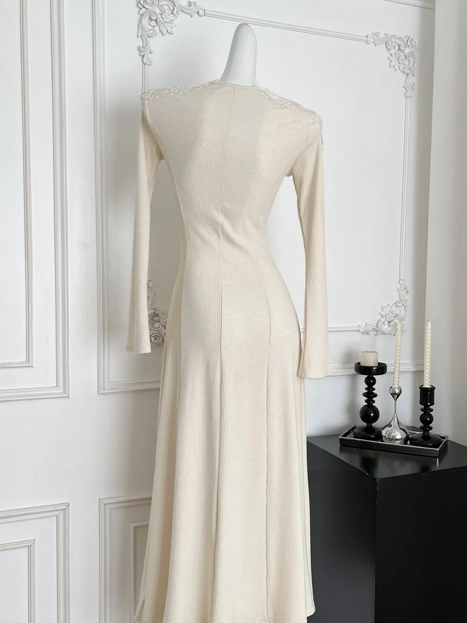 Ele renda v-ne malha dr feminino cintura alta fino ajuste a linha na altura do joelho vestido para o outono par usar malha macia dr