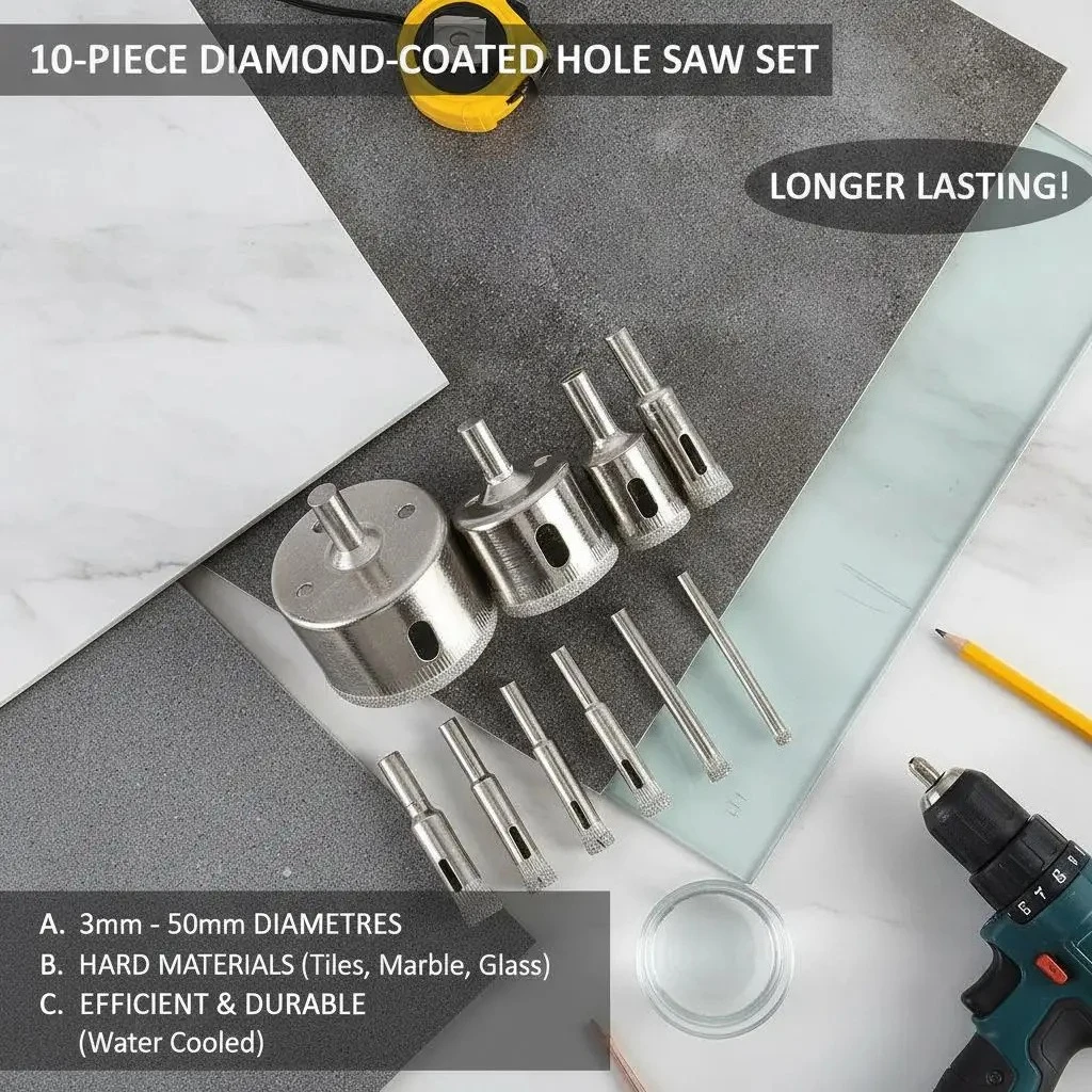 Diamond Coated Drill Bits Set for Ceramic Tile Glass Porcelain Marble Granite Quartz Smooth Cutting High Speed Hole Saw Core Drill Bit Extractor Remover Tool Power Tools Complete Drill Accessories Kit
