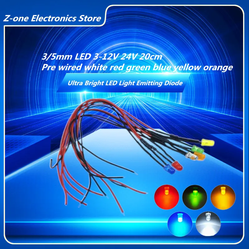 10/PCS 3mm 5mm  LED 3-12V  20cm Pre-wired White Red Green Blue Yellow Orange Diode Lamp Decoration Light Emitting Diodes