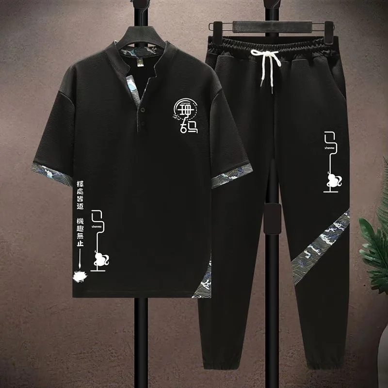 Nouvelle Collection Été – Ensemble T-shirt et Short Imprimé Tendance en Soie Glacée Respirante pour Homme – Décontracté, Ample, Sportif, Grandes Tailles, Deux Pièces