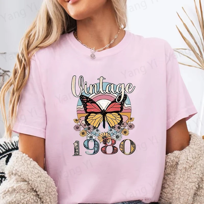 New Retro 1980 Butterfly Print Print Tshirt Unisex Casual Short Sleeve T-shirt Women Fashion Daisy Graphic Print Top Tee Shirts