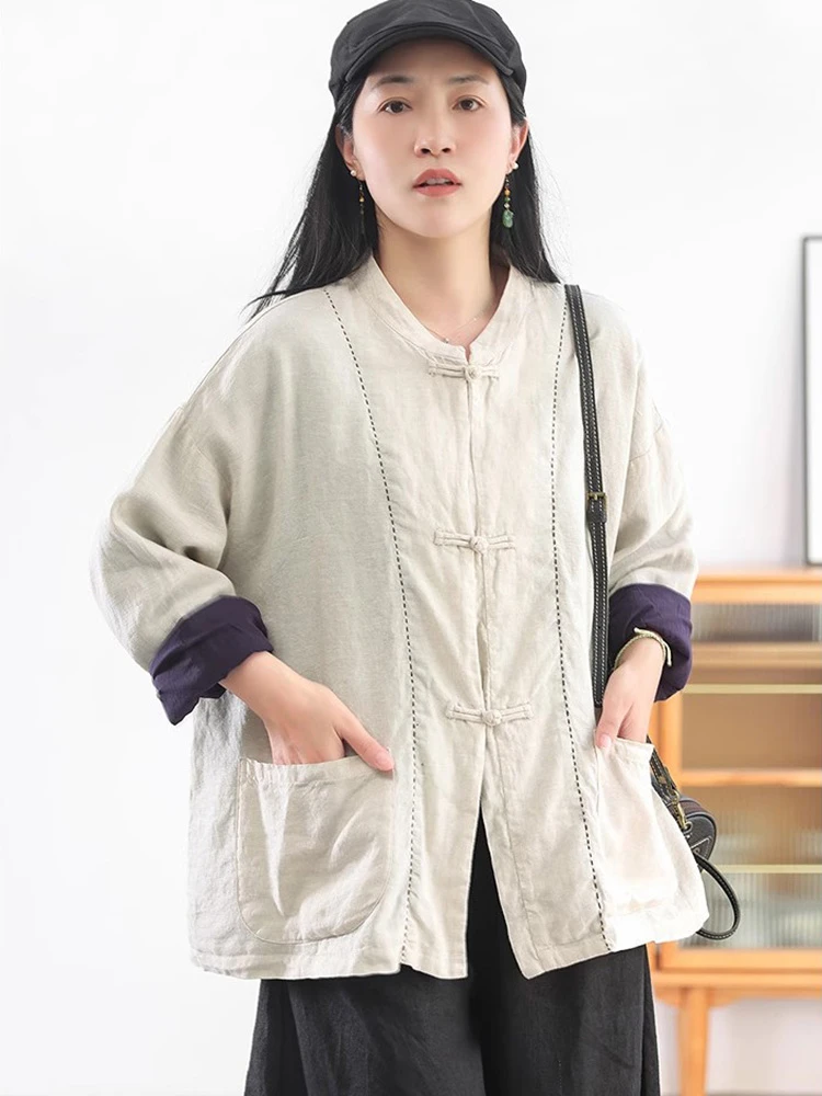 중국 스타일 여성 긴팔 린넨 셔츠 신상 2025 가을 빈티지 스탠드 칼라 루즈핏 여성 캐주얼 탑 셔츠 T699