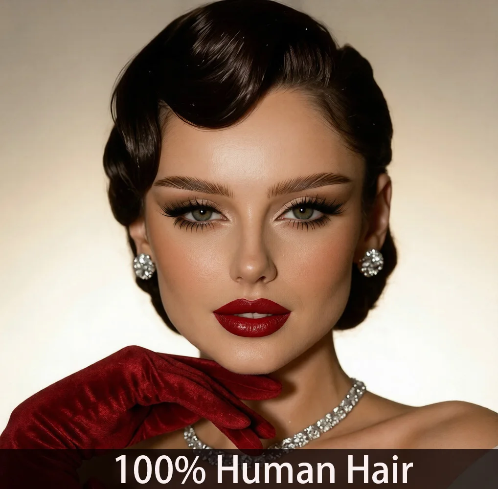 

Finger Wave Wig Human Hair for Women 180% Density 4inch Water Wave Pixie Cut Wig Popular Fashion Hair Machine Made Wig