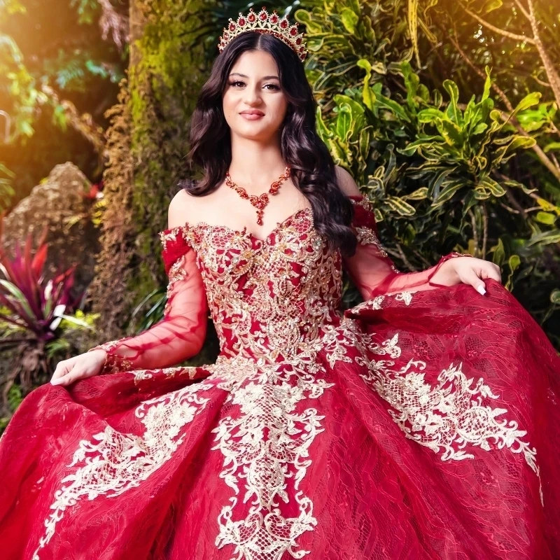 Red Quinceanera Dress Ball Gown Off Shoulder Gold Appliques Lace Beaded Tull Mexican Long Sleeved Sweet 16 Vestidos De 15 Años