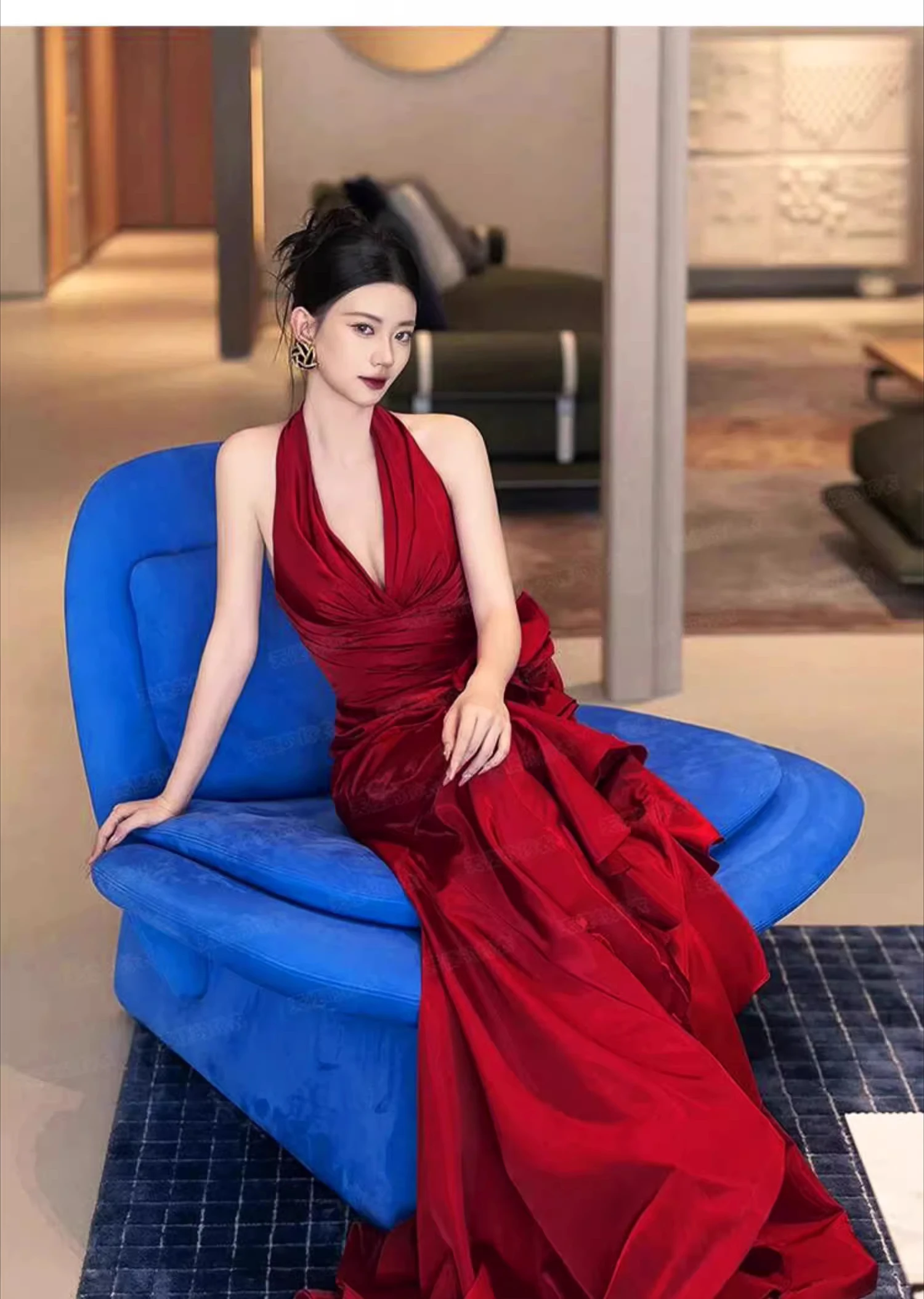 3XL Girl Birthday Elegant V-neck Romantic Backless Evening Dress Red Satin High Waist Split Irregular Trailing Fishtail Dresses