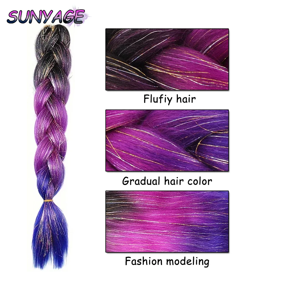 SUNYAGE Synthetic Braided Hair Extension Wig Big Braid Hair About 100g/Root Tricolor Gradient Braided Hair  DIY Multi colored