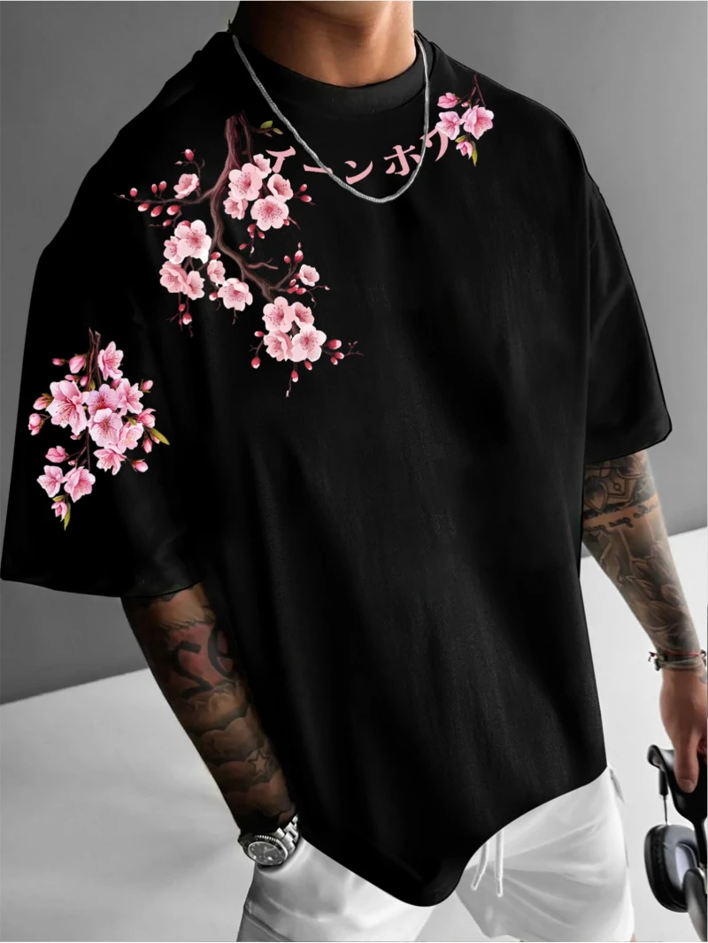 apanese Cherry Blossom Pattern Summer Trendy Fashion Men'S Round Neck T-Shirt, Outdoor Travel, Loose Casual Short Sleeve Top