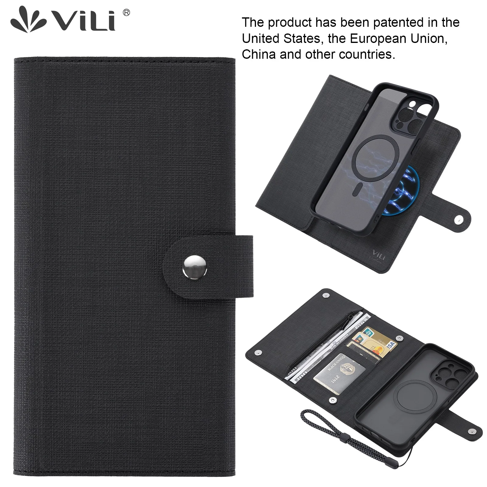 

ViLi Removable Leather Zipper Wallet Card Holder Magnetic Wireless Charging Case For Magsafe iPhone 16 15 14 13 12 Pro Max Plus