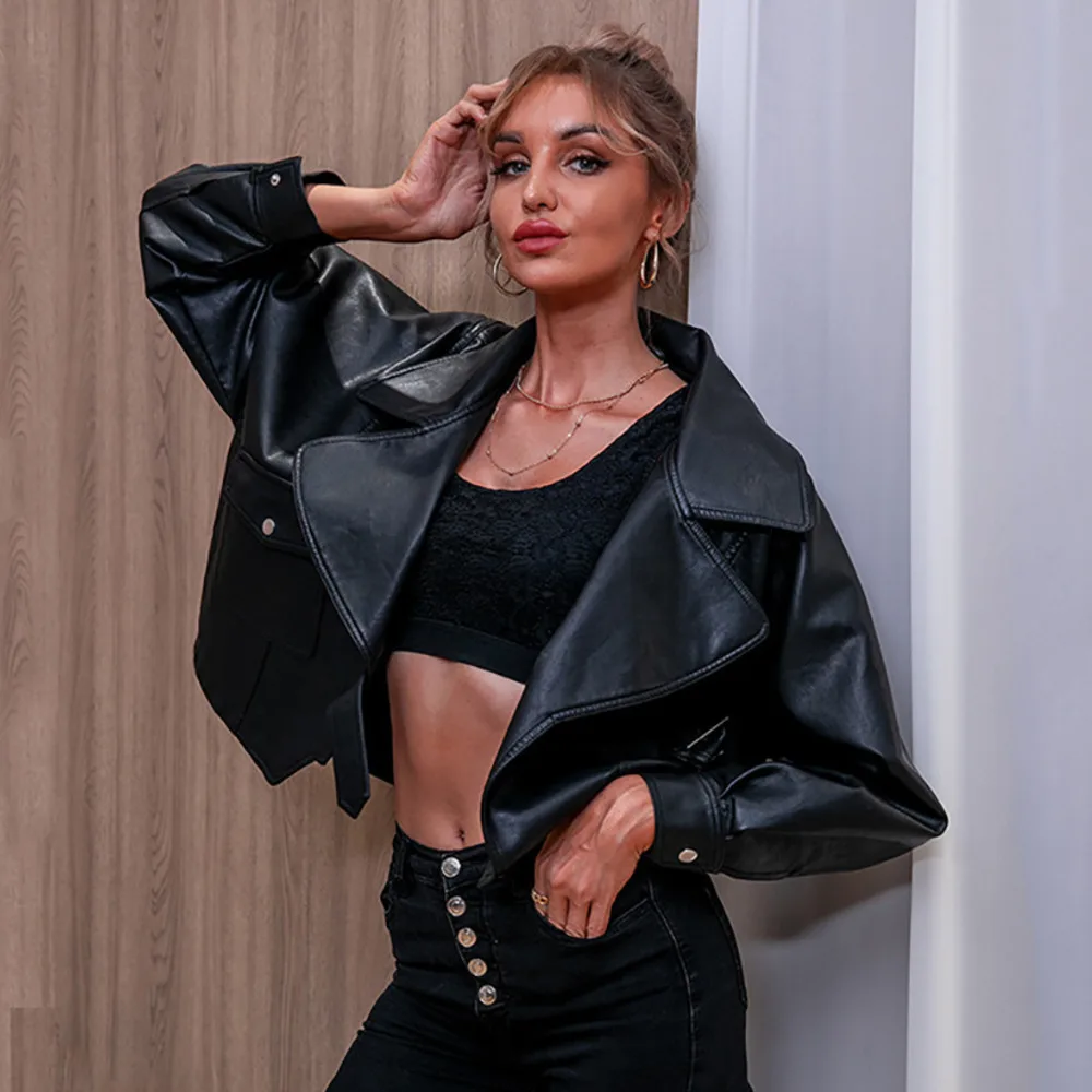 Women's Jacket Fashionable PU Lapel Black Short Leather Jacket For Women, Loose Fitting Long Sleeved Women's Leather Jacket