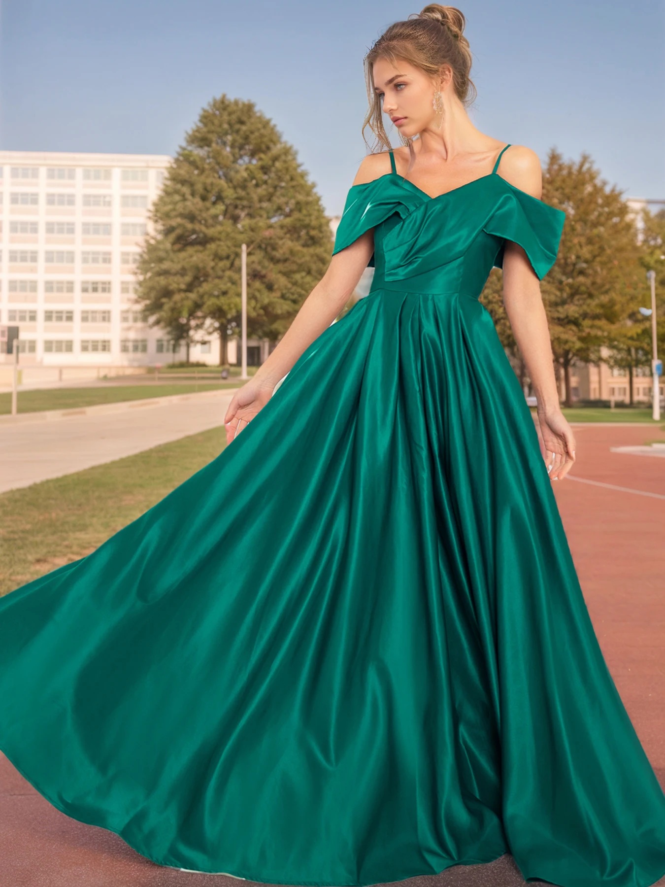 Schulterfrei, Slash-Ausschnitt, A-Linie, Damenkleid, grüner Satin, Spaghettiträger, bodenlang, Abschlussfeier, formelle Kleider 2025,