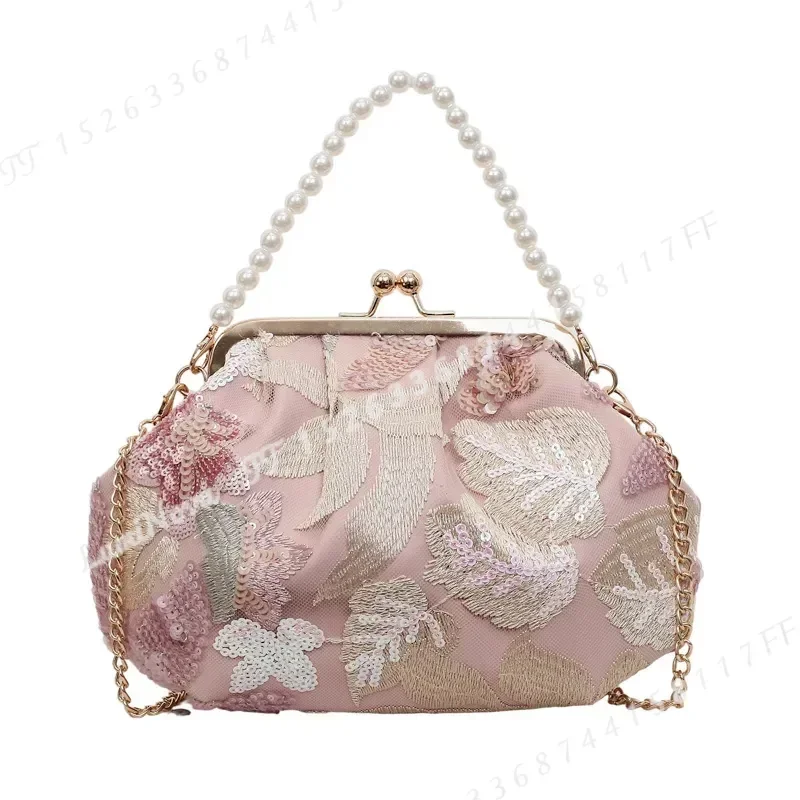 Flower Sequin Embroidered Pearl Clutch Bag Light Luxury Celebrity Style Chain Crossbody Evening Dinner Purse for Women view 5