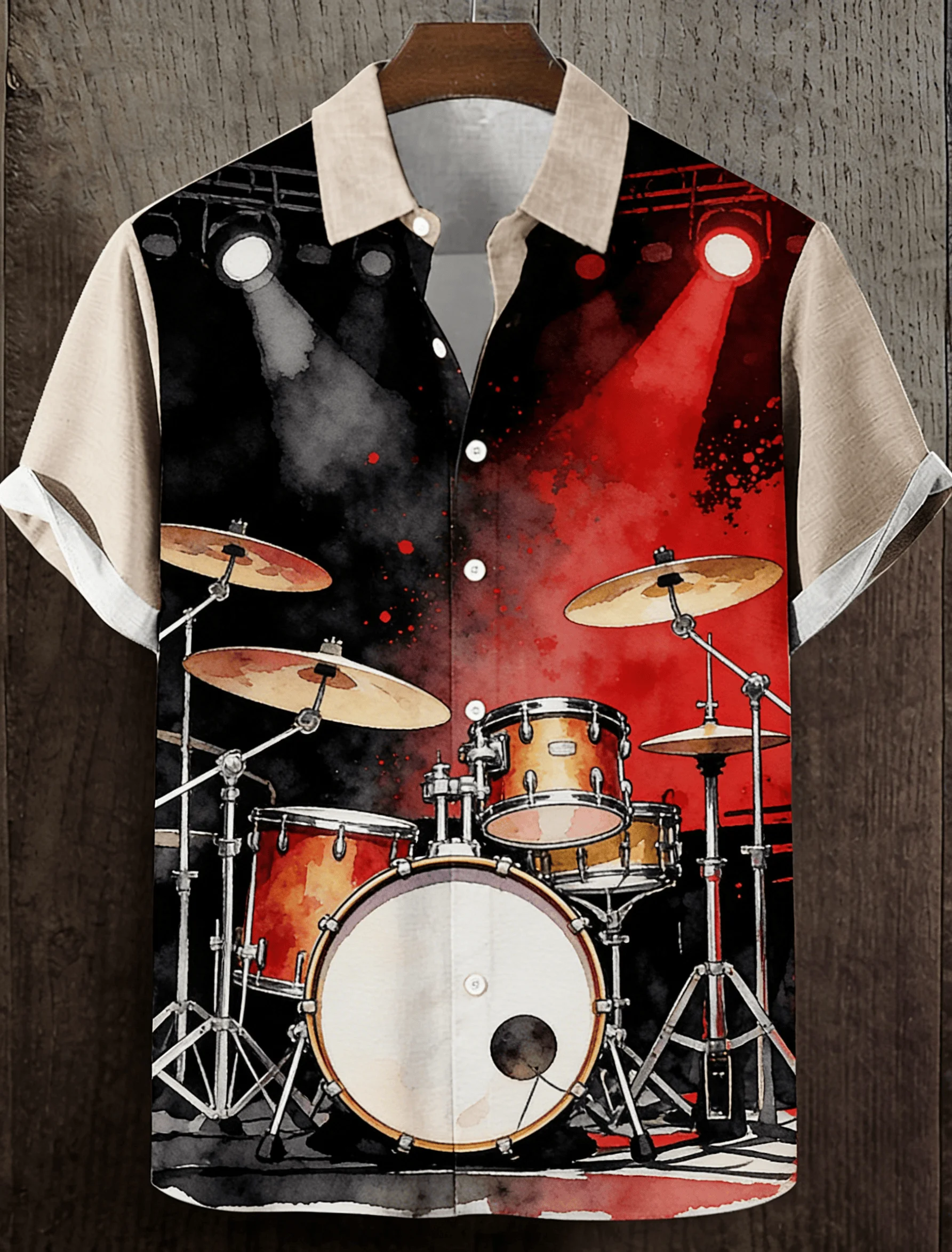 

Men's Rock Print Short Sleeve Shirt, Stage Spotlight Watercolor Design Button Down for Spring Summer Casual