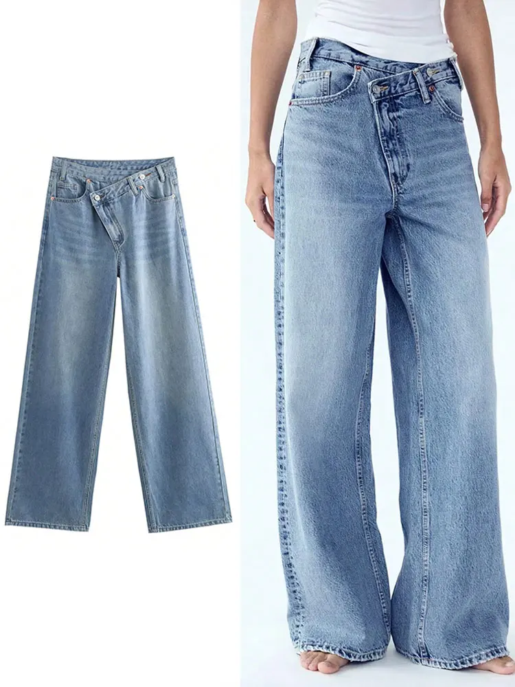 Pop Women 2025 Fashion Straight Jeans Vintage Solid Casual High Waist Wide Leg Denim Pants High Street Lady Trousers Jeans
