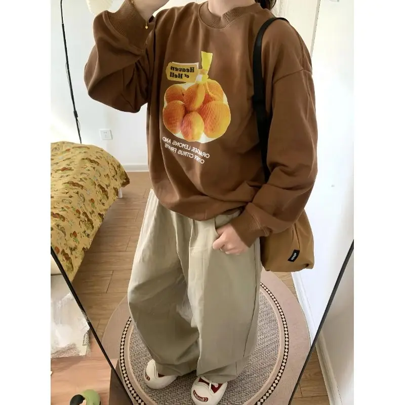 Heavy cotton American retro fun orange men's and women's 2024 fruit print y2k autumn and winter new loose round neck sweatshirt