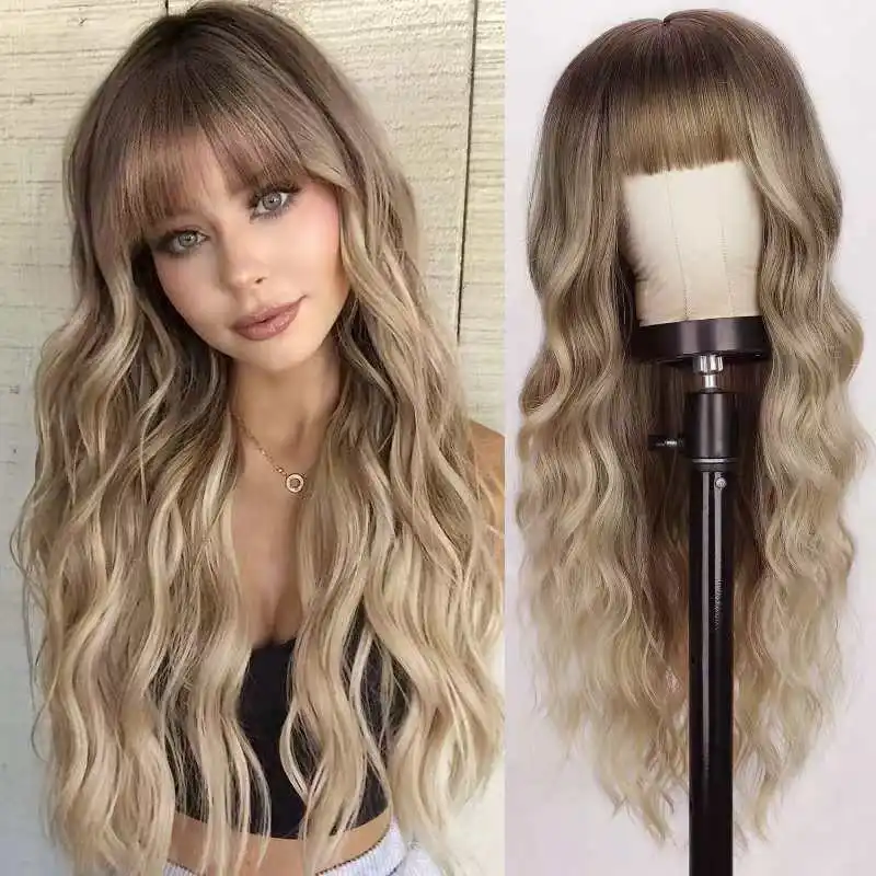 European and American style with bangs, large waves, long curly hair, synthetic fiber wigs