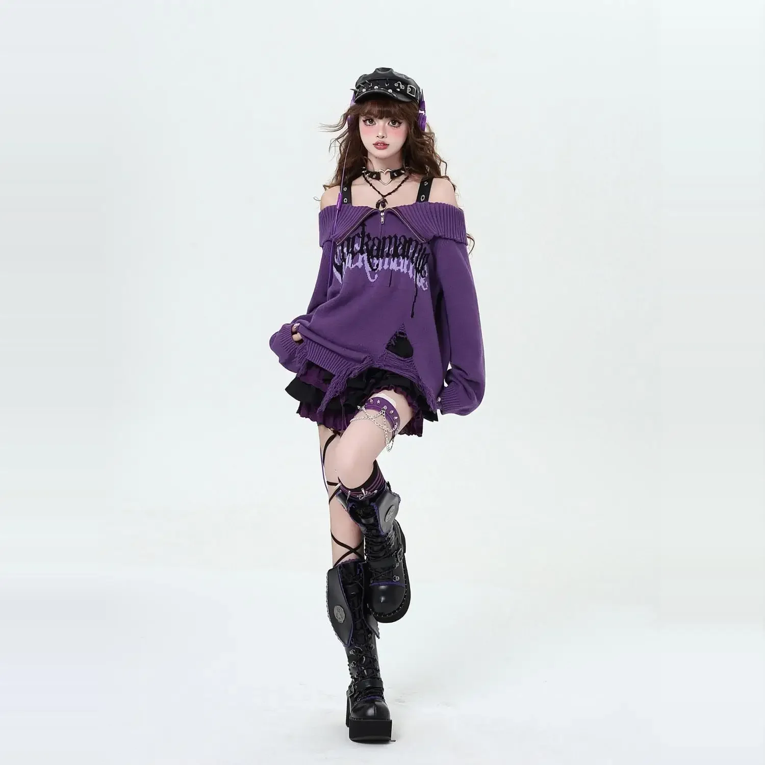 

Gothic Original Black Purple Autumn Winter Knit Pullover Zip Up Hoodie Strapless Lapel Design Sweater Y2k Streetwear Hip Hop Top