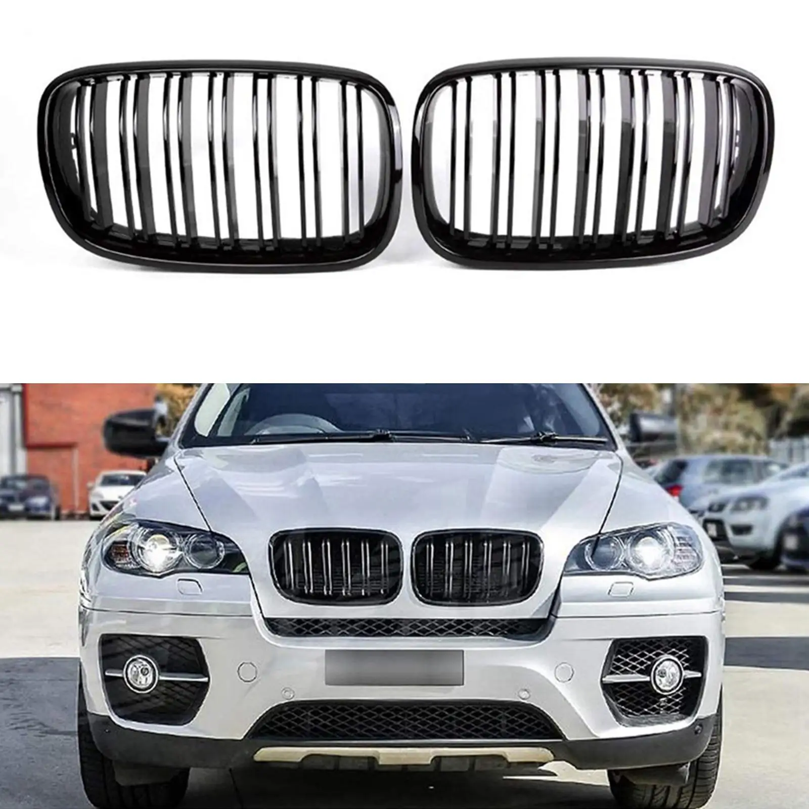 Front Double Line Grille for BMW E70 X6 X5M X6M 2007-2013 2-Pc Set