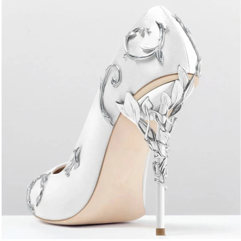 White Royal Blue Carved Metal Floral Branch Wrapped Heels Silk Pumps Glitter Buds Stilettos Pointed toe  Wedding High Heel Shoes