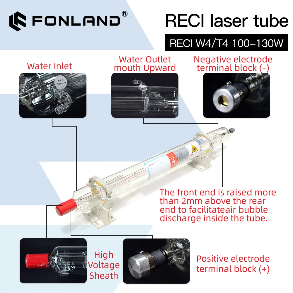 FONLAND Reci W4/T4 100W-130W CO2 Laser Tube Dia.80mm/65mm For CO2 Laser Engraving Cutting Machine Wooden Case Box Packing