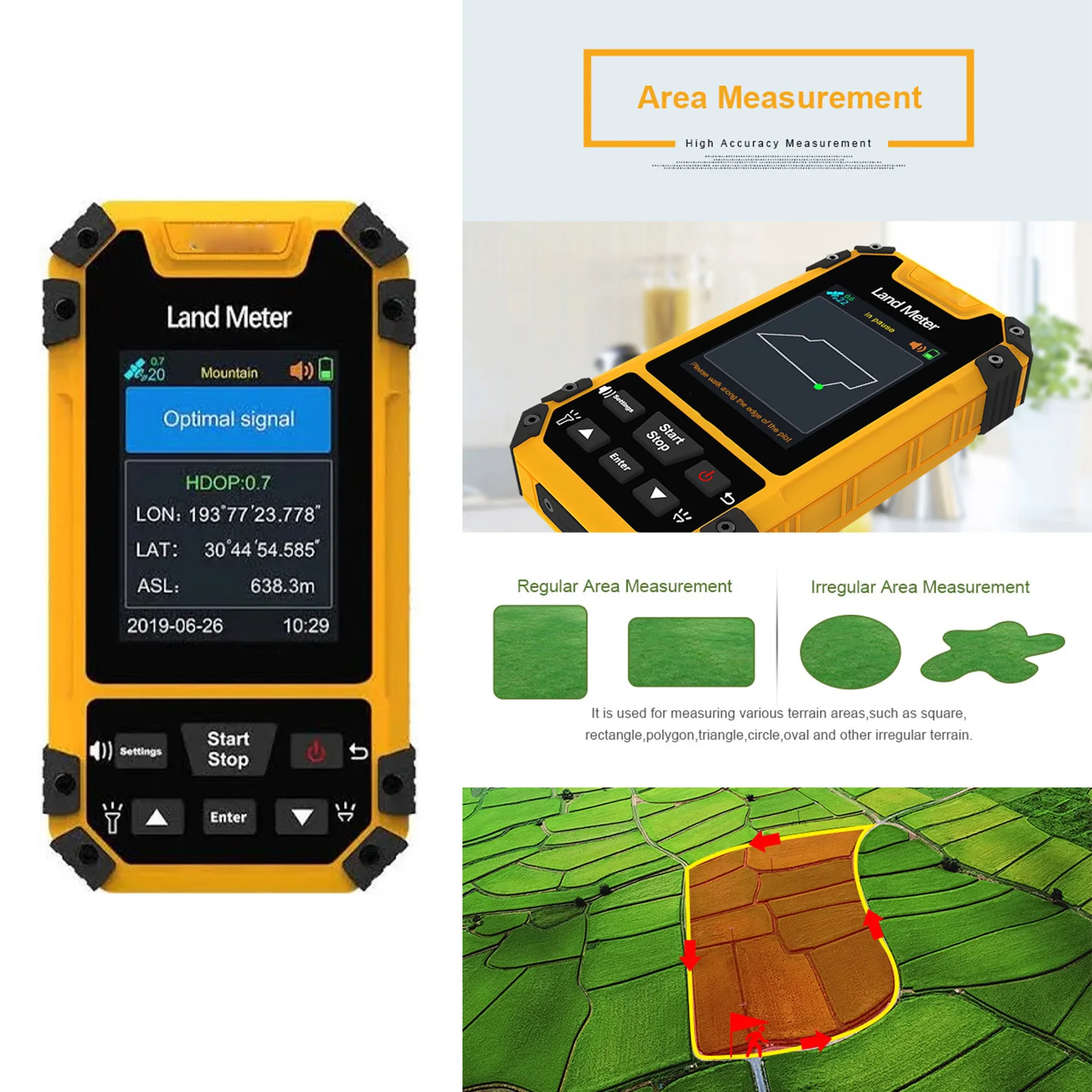 Handheld Land Meter Voice Prompts Shockproof Track Display GPS Handheld Land Area Meter Water Proof for Pond Lake Hilly Area